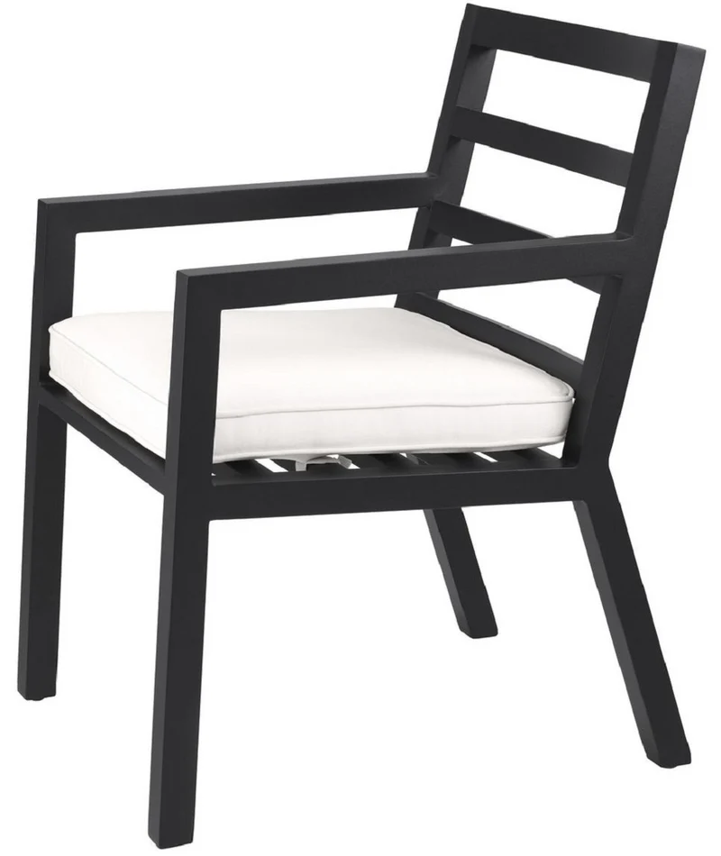 Casa Padrino Luxus Esszimmerstuhl mit Armlehnen Schwarz / Weiß 56 x 66,5 x H. 87 cm - Wetterbeständiger Aluminium Stuhl mit Sitzkissen - Garten Terrassen Stuhl - Luxus Qualität