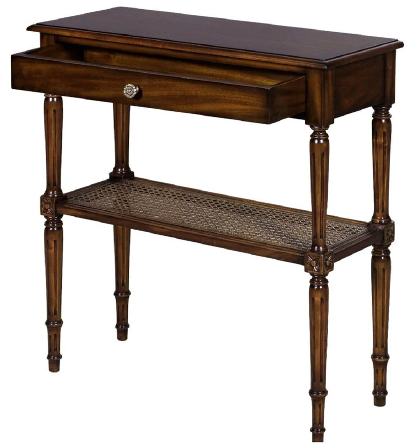 Casa Padrino Luxus Jugendstil Nachtkommode Braun 71 x 28 x H. 76 cm - Eleganter Massivholz Nachttisch - Beistelltisch mit Schublade und Rattan Regal - Schlafzimmer Möbel