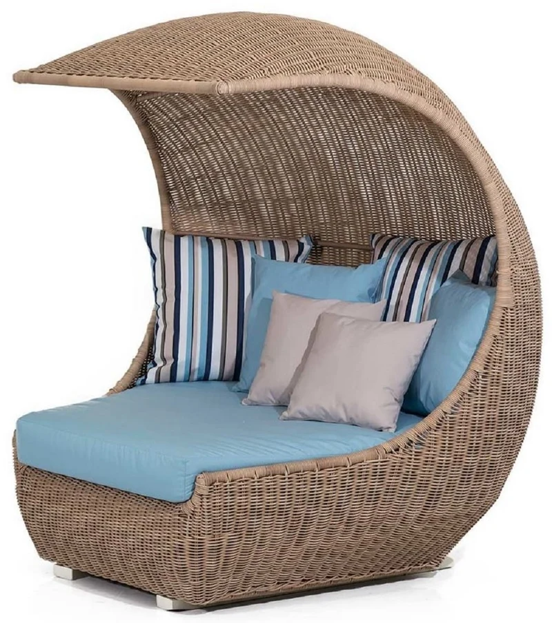 Casa Padrino Luxus Liegeinsel mit Sonnendach Braun / Hellblau 156 x 146 x H. 174 cm - Handgewebte Wetterbeständige Sonneninsel - Moderne Garten Möbel - Hotel Möbel
