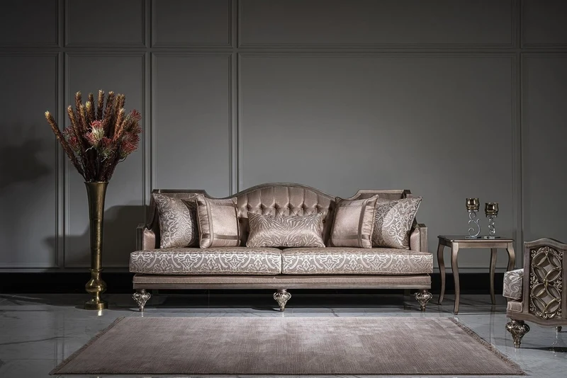 Casa Padrino Luxus Barock Wohnzimmer Sofa Rosa / Silber - Handgefertigtes Massivholz Sofa mit elegantem Muster und dekorativen Kissen - Wohnzimmer Möbel im Barockstil