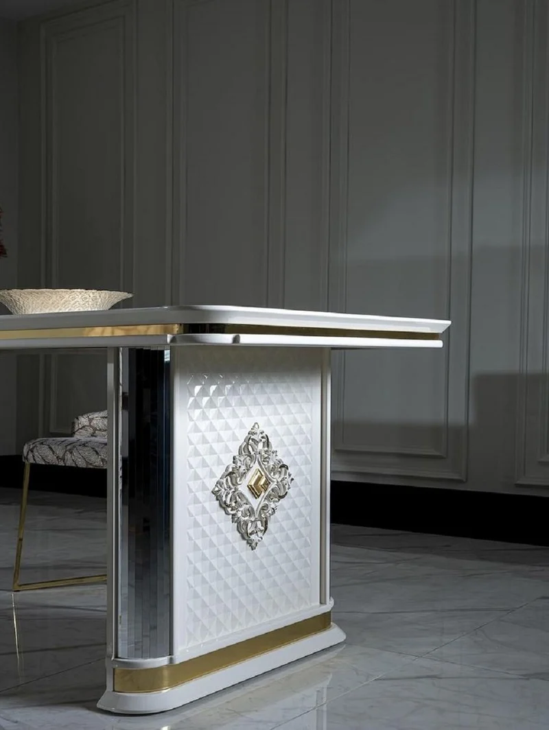 Casa Padrino Luxus Art Deco Esstisch Weiß / Gold - Handgefertigter Massivholz Küchentisch mit Spiegelglas - Art Deco Esszimmer Möbel
