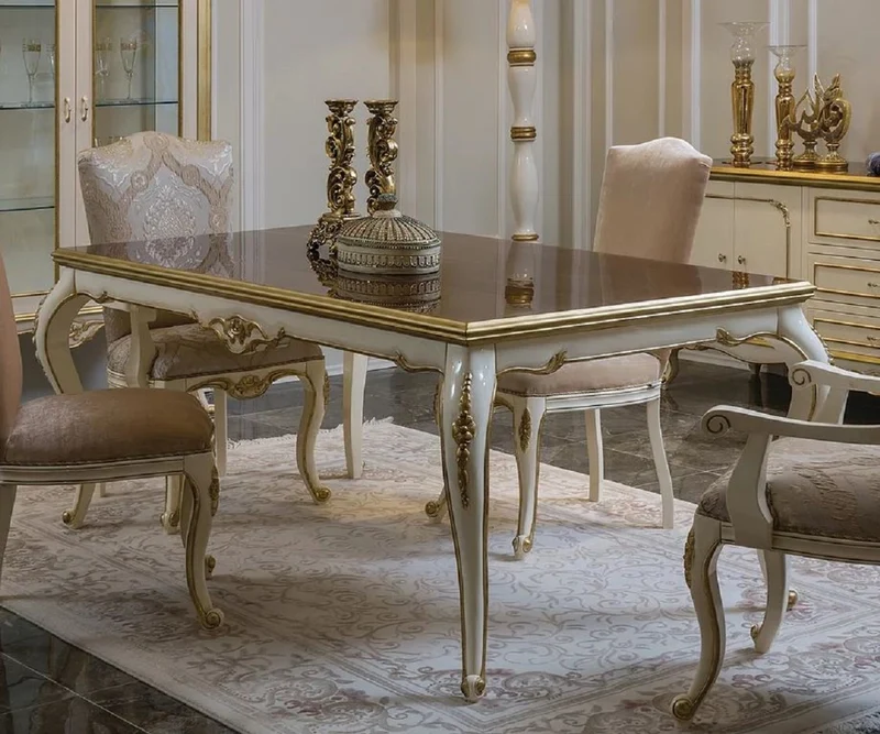 Casa Padrino Luxus Barock Esstisch Braun / Weiß / Gold - Handgefertigter Massivholz Küchentisch - Barock Esszimmer Möbel - Edel & Prunkvoll