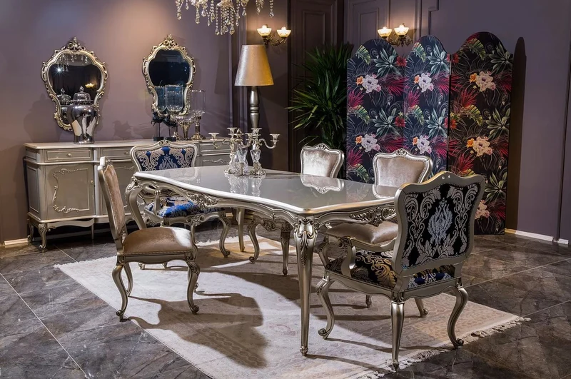 Casa Padrino Luxus Barock Esstisch Silber - Prunkvoller Massivholz Esszimmertisch - Prunkvolle Barock Esszimmer Möbel