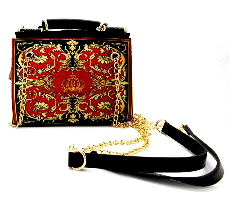 Pompöös by Casa Padrino Luxus Damen Handtasche Baroque Flowers mit Krone und Strass Steine Bordeauxrot / Schwarz / Gold 25 x H. 20 cm - designed by Harald Glööckler