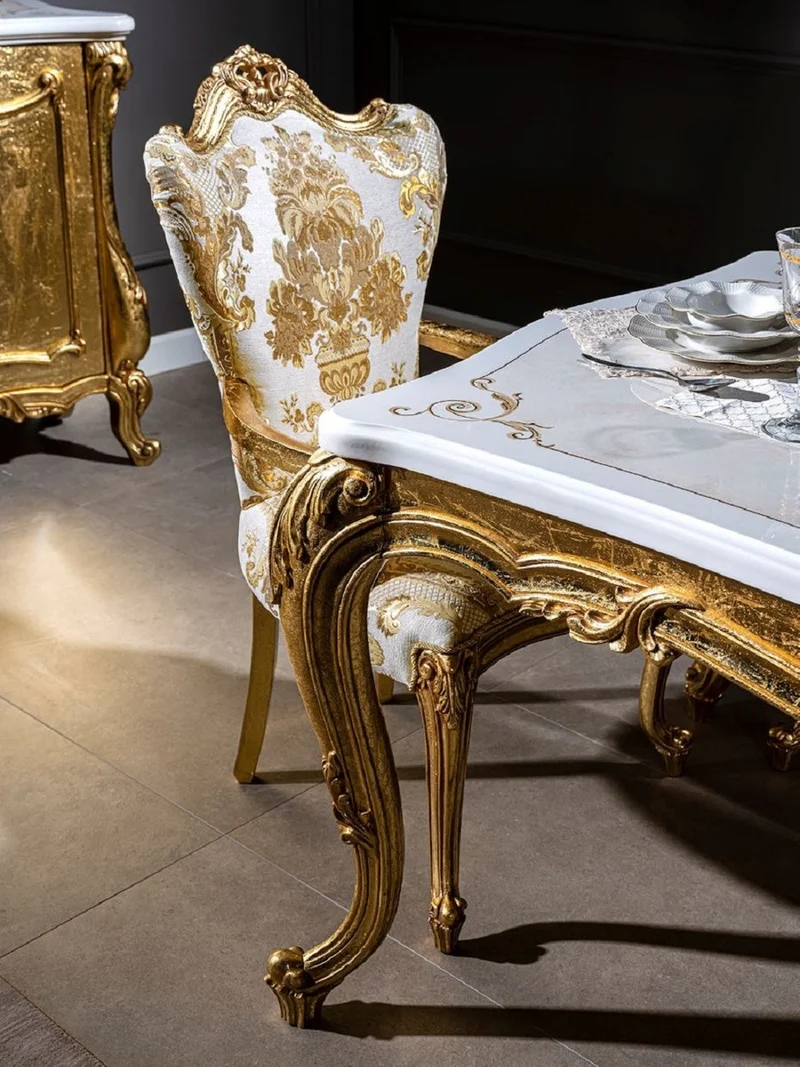 Casa Padrino Luxus Barock Esszimmer Set Weiß / Gold - 1 Esstisch & 6 Esszimmerstühle - Handgefertigte Esszimmer Möbel im Barockstil - Edel & Prunkvoll