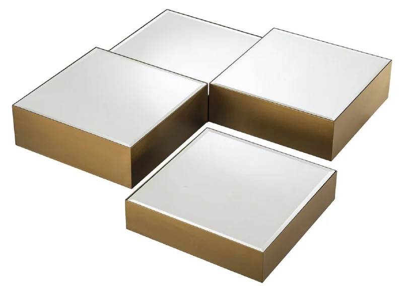 Casa Padrino Luxus Edelstahl Couchtisch Set mit Spiegelglas Tischplatten Messingfarben / Schwarz - Wohnzimmer Möbel - Luxus Möbel