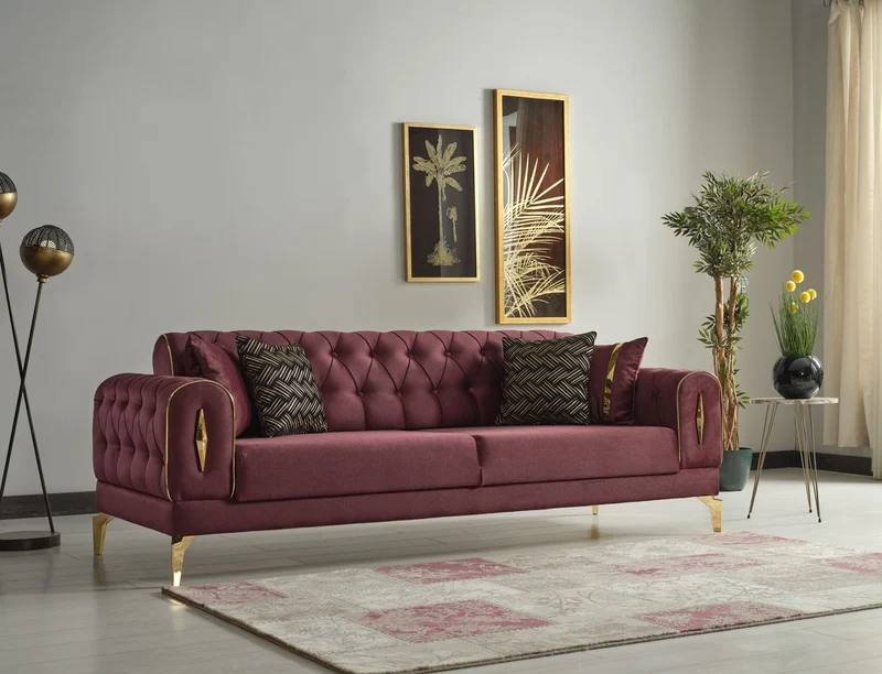 Casa Padrino Luxus Schlafsofa Weinrot / Gold 225 x 95 x H. 83 cm - Wohnzimmer Sofa mit 4 Kissen - Luxus Wohnzimmer Möbel