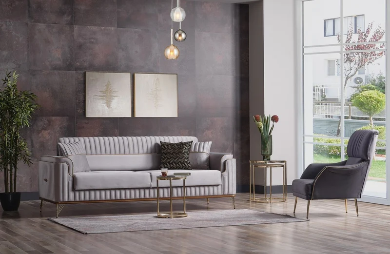 Casa Padrino Luxus Schlafsofa Hellgrau / Braun / Gold 228 x 94 x H. 88 cm - Wohnzimmer Sofa mit 3 Kissen - Luxus Wohnzimmer Möbel