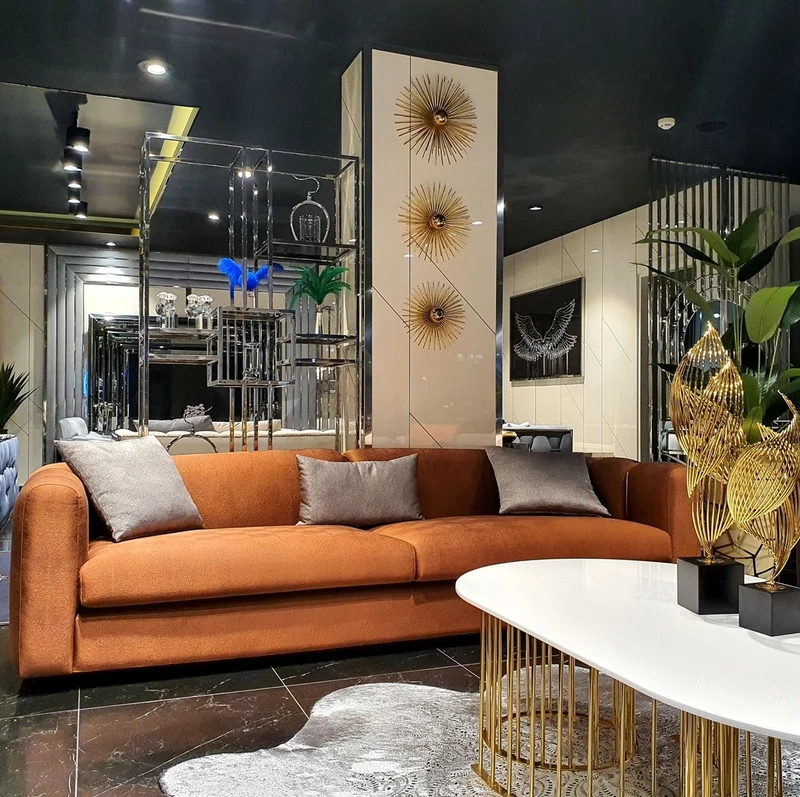 Casa Padrino Luxus Sofa Orange / Gold 240 x 95 x H. 85 cm - Wohnzimmer Sofa - Hotel Sofa - Luxus Möbel