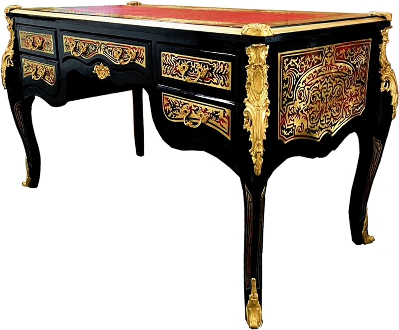 Casa Padrino Barock Boulle Sekretär im französischen Stil Schwarz / Gold 140 cm - Handgefertigter Antik Stil Schreibtisch - Barock Büro Möbel