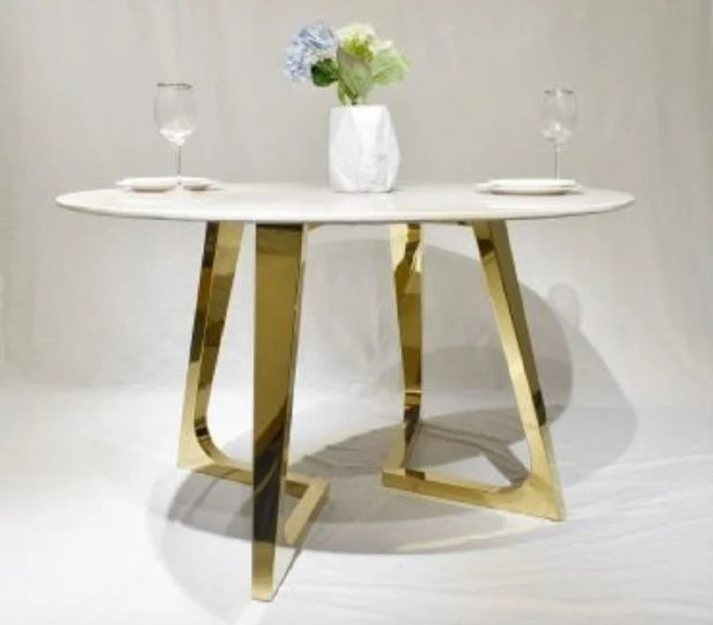 Casa Padrino Luxus Esstisch Weiß / Gold Ø 130 x H. 76 cm - Runder Esszimmertisch mit synthetischer Marmorplatte und Stahlbeinen - Esszimmer Möbel