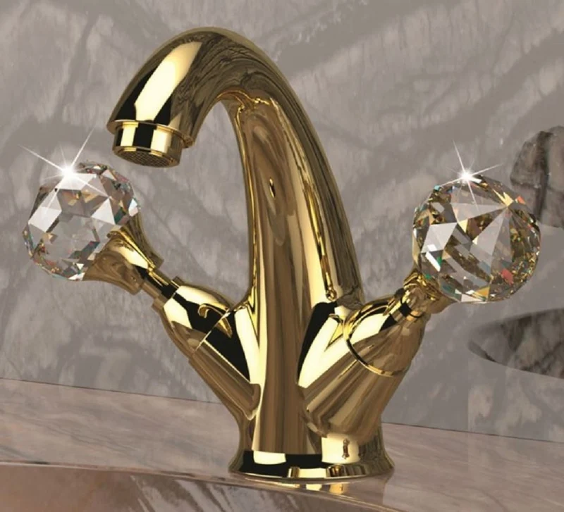 Casa Padrino Luxus Waschtisch Armatur mit Swarovski Kristallglas Gold H. 15 cm - Einlochbatterie mit Ablaufgarnitur - Luxus Bad Zubehör - Made in Italy