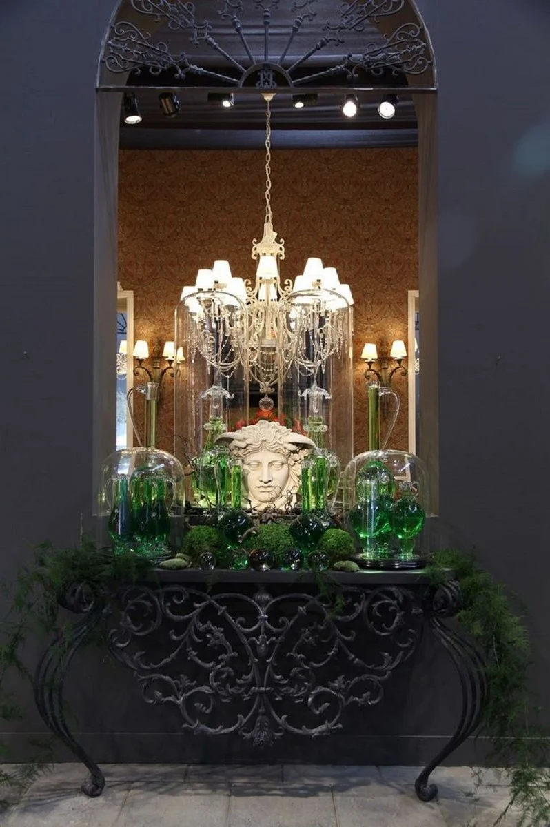 Casa Padrino Luxus Jugendstil Konsole Grau 150 x 45 x H. 90 cm - Handgefertigter Schmiedeeisen Konsolentisch mit Metall Tischplatte - Wohnzimmer Garten Terrassen Möbel