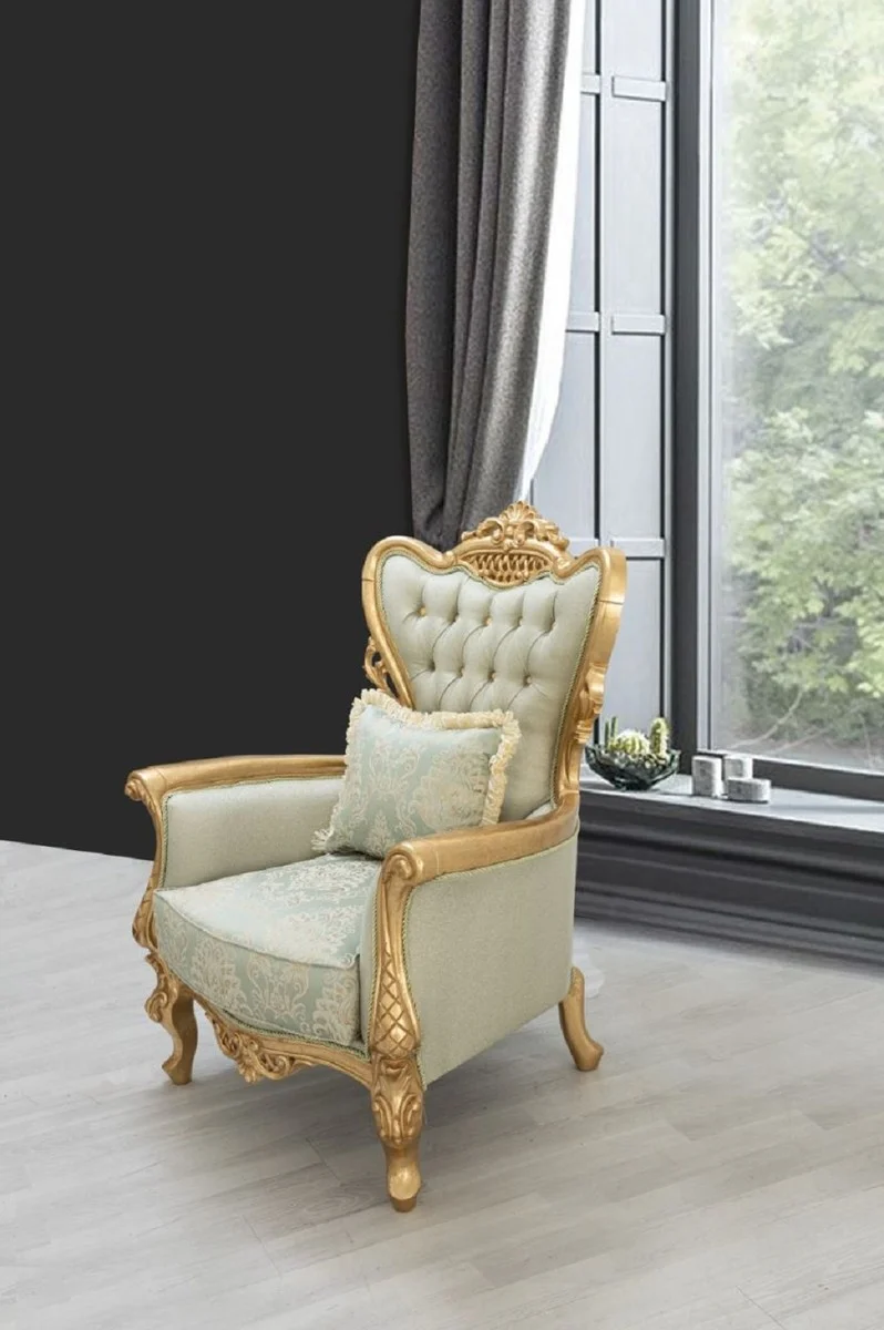 Casa Padrino Luxus Barock Sessel Hellgrün / Gold - Handgefertigter Wohnzimmer Sessel mit elegantem Muster und Glitzersteinen - Barock Wohnzimmer Möbel - Edel & Prunkvoll