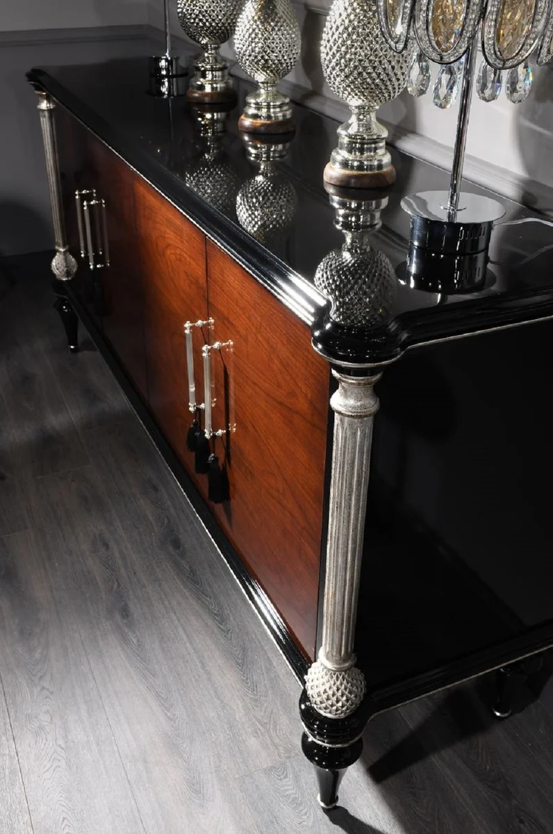 Casa Padrino Luxus Barock Sideboard Braun / Schwarz / Silber - Edler Massivholz Schrank mit 4 Türen - Barock Möbel