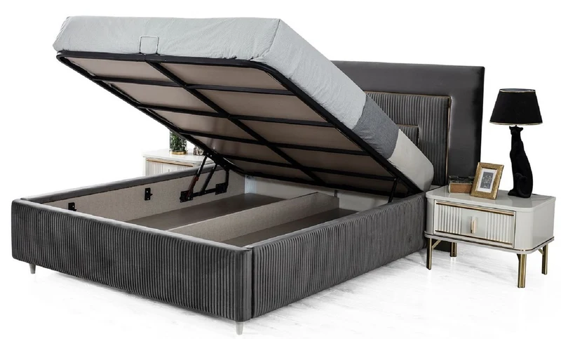 Casa Padrino Luxus Schlafzimmer Set Grau / Weiß / Gold - 1 Doppelbett mit Kopfteil & 2 Nachttische - Schlafzimmer Möbel - Luxus Kollektion