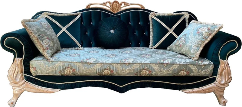 Casa Padrino Luxus Barock Wohnzimmer Set mit elegantem Blumenmuster und Glitzersteinen Türkis / Grün / Creme - 2 Sofas & 2 Sessel - Prunkvolle Barock Wohnzimmer Möbel