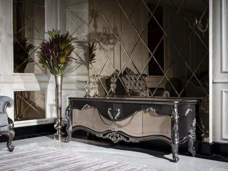 Casa Padrino Luxus Barock TV Schrank Dunkelgrau / Beige / Gold - Prunkvolles Wohnzimmer Sideboard mit 4 Türen - Barock Wohnzimmer Möbel
