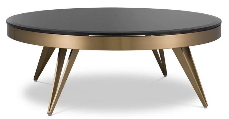 Casa Padrino Luxus Couchtisch Messingfarben / Schwarz Ø 90 x H. 33 cm - Runder Edelstahl Wohnzimmertisch mit Glasplatte - Wohnzimmer Möbel - Luxus Möbel