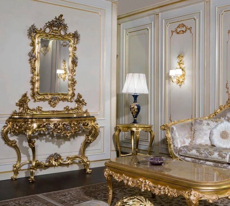 Casa Padrino Luxus Barock Möbel Set Konsole mit Spiegel Gold / Silber / Schwarz - Prunkvoller handgeschnitzter Konsolentisch mit Wandspiegel - Hotel Möbel - Schloss Möbel - Luxus Qualität - Made in Italy