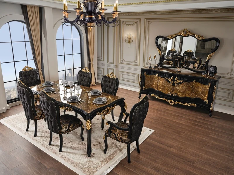 Casa Padrino Luxus Barock Esstisch Braun / Schwarz / Gold 210 x 100 x H. 82 cm - Prunkvoller Massivholz Esszimmertisch mit Tischplatte in Marmoroptik - Barock Esszimmer Möbel