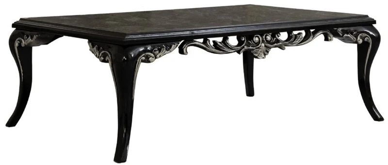 Casa Padrino Luxus Barock Couchtisch Schwarz / Silber - Prunkvoller Wohnzimmertisch im Barockstil - Handgefertigter Massivholz Tisch - Barock Wohnzimmer Möbel