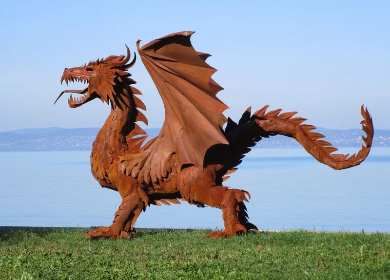 Casa Padrino Luxus Gartendeko Skulptur Drache Rostfarben 290 x 180 x H. 235 cm - Riesige Stahl Deko Figur - Gartenfigur - Hotel Garten Deko