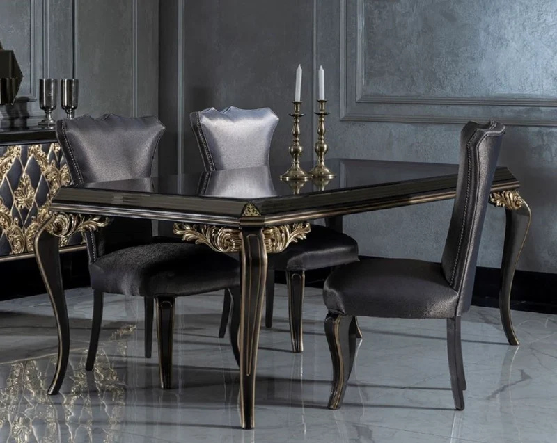 Casa Padrino Luxus Barock Esszimmer Set Blau / Schwarz / Gold - 1 Esstisch mit Glasplatte & 6 Esszimmerstühle - Edle Esszimmer Möbel im Barockstil