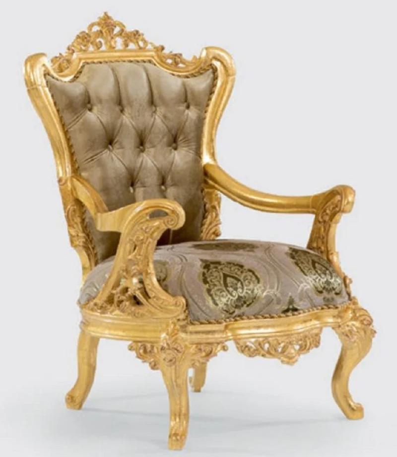 Casa Padrino Luxus Barock Sessel Grün / Grau / Gold 80 x 80 x H. 116 cm - Handgefertigter Wohnzimmer Sessel mit elegantem Muster - Barock Wohnzimmer Möbel - Edel & Prunkvoll