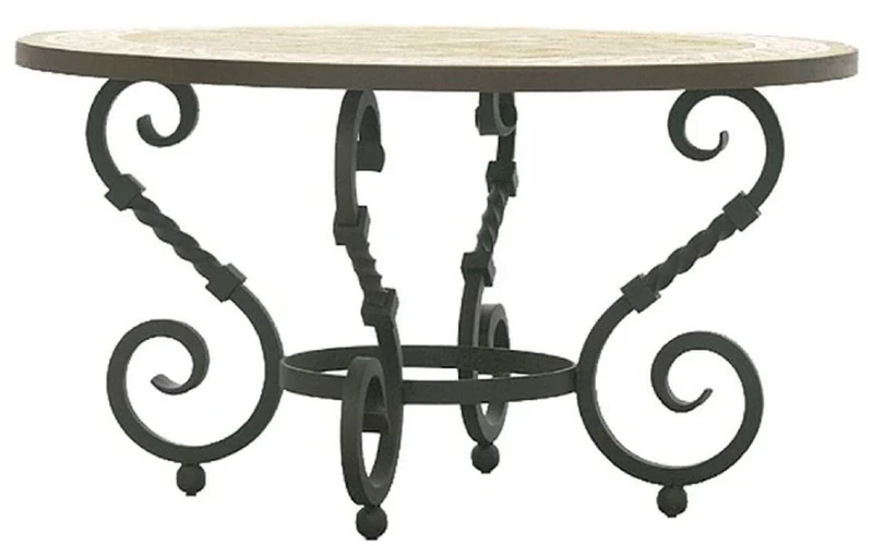 Casa Padrino Luxus Barock Esstisch Beige / Grau - Runder handgefertigter Schmiedeeisen Gartentisch mit Naturstein Mosaik Fliesen Tischplatte - Garten Terrassen Esszimmer Möbel