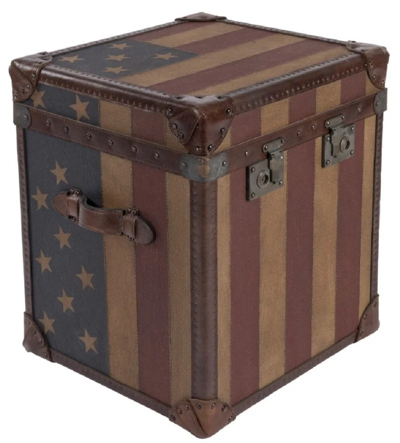 Casa Padrino Luxus Truhe USA Design Braun / Mehrfarbig 49 x 44 x H. 57 cm - Handgefertigte Echtleder Truhe im Kofferlook - Luxus Deko Accessoires