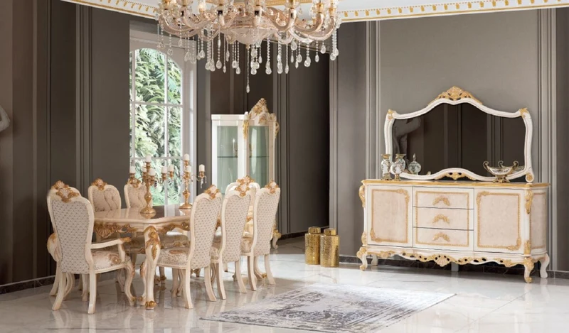Casa Padrino Luxus Barock Esszimmer Set Weiß / Gold - 1 Esstisch & 8 Esszimmerstühle - Prunkvolle Esszimmer Möbel im Barockstil