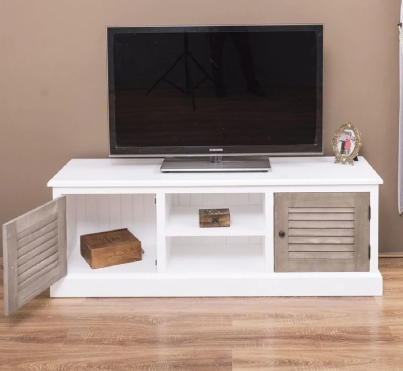 Casa Padrino Landhausstil TV Schrank Weiß / Grau 160 x 46 x H. 56 cm - Massivholz Sideboard - Landhausstil Wohnzimmer Möbel