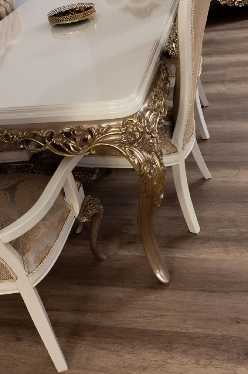 Casa Padrino Luxus Barock Esstisch Weiß / Braun / Gold - Edler Massivholz Esszimmertisch - Barock Esszimmer Möbel - Edel & Prunkvoll