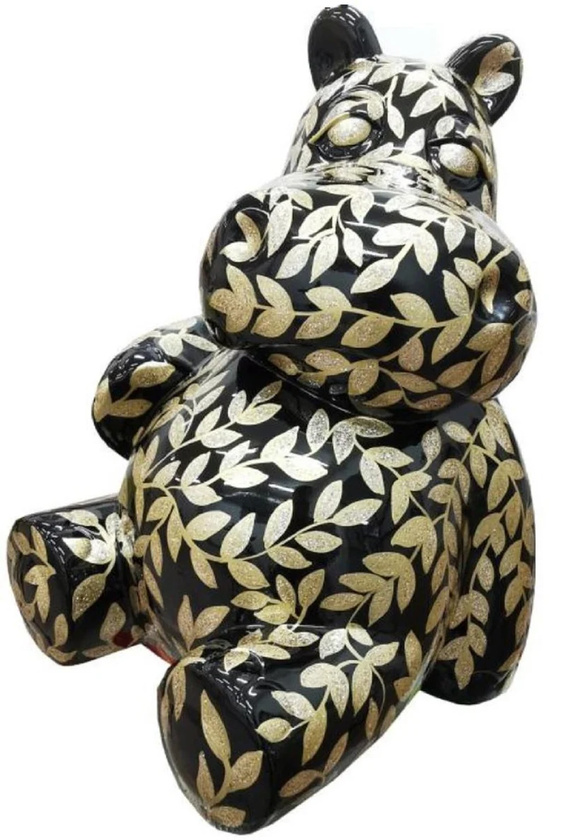 Casa Padrino Designer Deko Skulptur Sitzendes Nilpferd mit Glitzer Look Schwarz / Gold H. 100 cm - Wetterbeständige Dekofigur - Wohnzimmer Deko - Garten Deko - Terrassen Deko