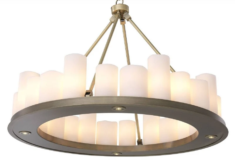 Casa Padrino Luxus LED Kronleuchter Messingfarben / Weiß Ø 90 x H. 65 cm - Moderner runder Kronleuchter mit Fernbedienung - Luxus Qualität