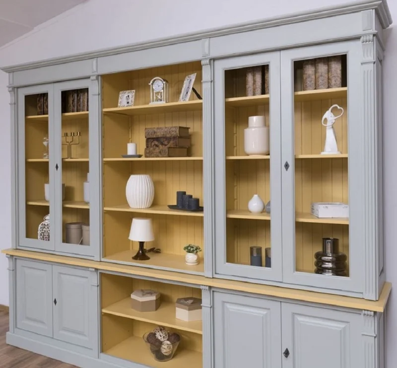 Casa Padrino Landhausstil Wohnzimmerschrank Grau / Gelb 286 x 51 x H. 228 cm - Massivholz Schrank - Bücherschrank - Regalschrank - Landhausstil Möbel