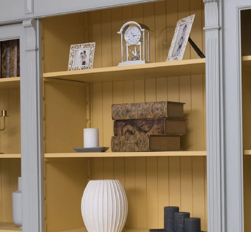Casa Padrino Landhausstil Wohnzimmerschrank Grau / Gelb 286 x 51 x H. 228 cm - Massivholz Schrank - Bücherschrank - Regalschrank - Landhausstil Möbel