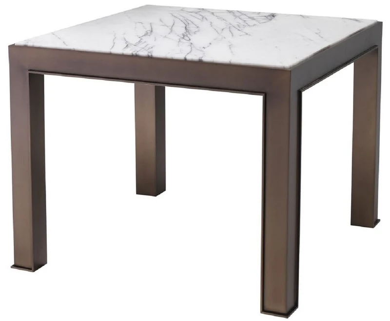 Casa Padrino Luxus Beistelltisch Antik Messingfarben / Weiß / Lila 65 x 65 x H. 51,5 cm - Edelstahl Tisch mit Marmorplatte - Wohnzimmer Möbel - Luxus Möbel