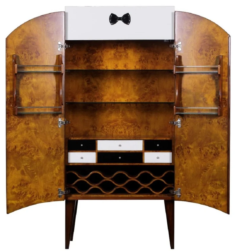 Casa Padrino Luxus Art Deco Barschrank Braun / Weiß / Schwarz 80 x 45 x H. 170 cm - Massivholz Weinschrank - Bar Möbel - Hotel Möbel - Luxus Qualität