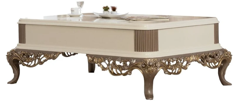 Casa Padrino Luxus Barock Couchtisch Weiß / Braun / Gold 130 x 92 x H. 50 cm - Prunkvoller handgefertigter Wohnzimmertisch im Barockstil - Barock Möbel