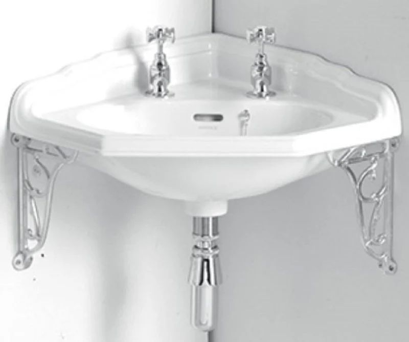 Casa Padrino Luxus Jugendstil Eckwaschbecken Weiß / Silber 63,5 x 49,5 x H. 23 cm - Porzellan 2-Loch Waschbecken mit Wandhalterung - Badezimmer Möbel
