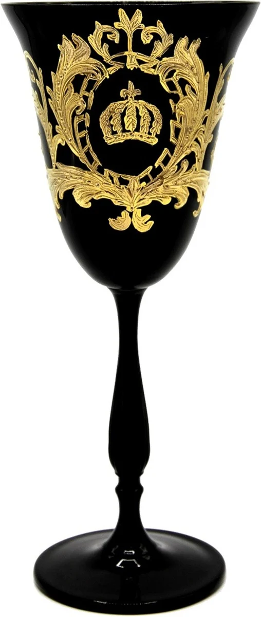 Pompöös by Casa Padrino Luxus Weißweinglas Set Schwarz / Gold Ø 8,7 x H. 20,3 cm - Weißweingläser mit 24 Karat Vergoldung - Pompööse Weingläser designed by Harald Glööckler