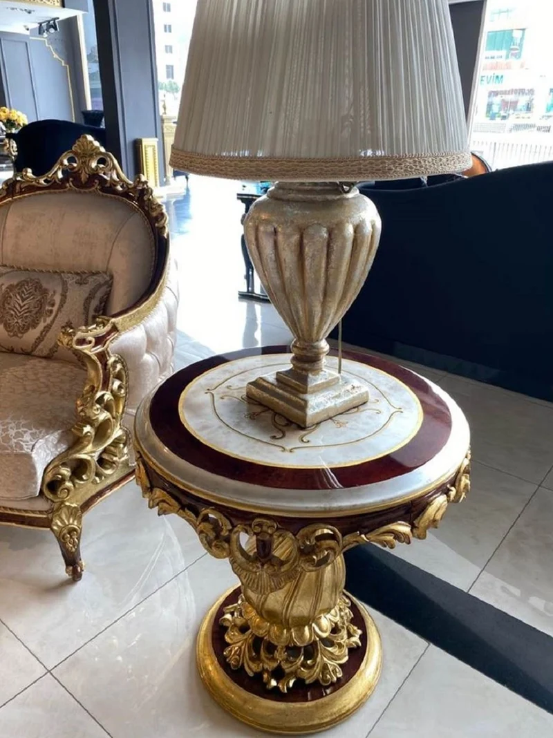 Casa Padrino Luxus Barock Beistelltisch Weiß / Braun / Gold - Runder Massivholz Tisch im Barockstil - Handgefertigte Barock Wohnzimmer Möbel - Edel & Prunkvoll