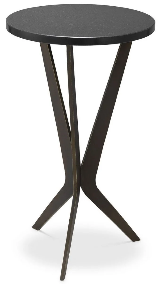 Casa Padrino Luxus Beistelltisch Schwarz / Bronzefarben Ø 30,5 x H. 52 cm - Runder Tisch mit Granitplatte und Metall Beinen - Wohnzimmer Möbel - Luxus Möbel