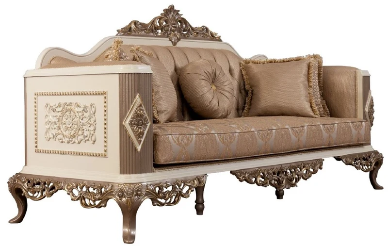 Casa Padrino Luxus Barock Wohnzimmer Set Braun / Weiß / Gold - 2 Sofas & 2 Sessel & 1 Couchtisch - Prunkvolle Barock Wohnzimmer Möbel