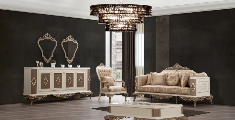 Casa Padrino Luxus Barock Wohnzimmer Set Braun / Weiß / Gold - 2 Sofas & 2 Sessel & 1 Couchtisch - Prunkvolle Barock Wohnzimmer Möbel