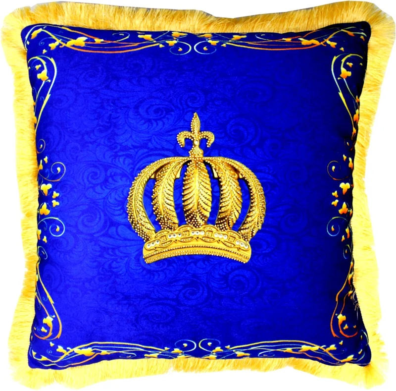 Harald Glööckler Pompöös Kissen by Casa Padrino - Royalblau / Gold Krone mit Strass Steinen - Luxus Deko Barock Zierkissen