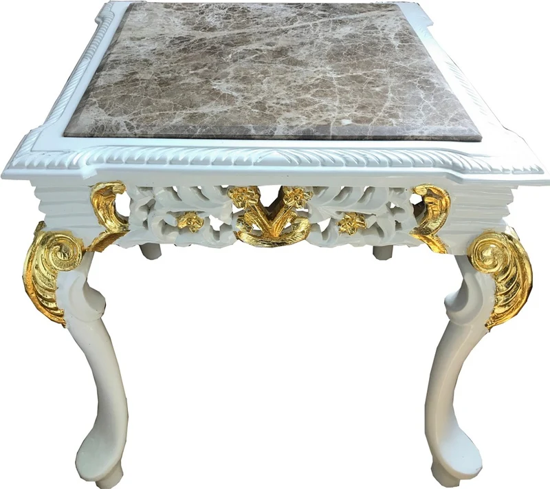 Casa Padrino Barock Beistelltisch Weiß / Gold / Grau - Handgefertigter Massivholz Tisch mit Marmorplatte - Barock Möbel
