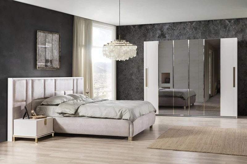 Casa Padrino Luxus Massivholz Schlafzimmer Set Grau / Weiß / Gold - 1 Doppelbett mit Kopfteil & 2 Nachttische - Luxus Schlafzimmer Möbel